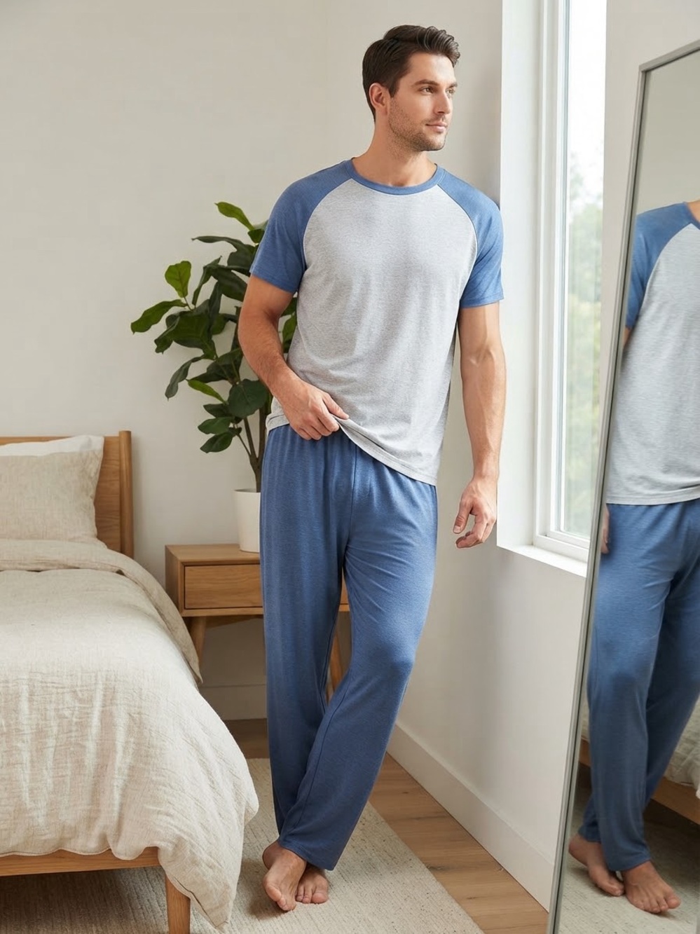 Men's Gray & Blue Pajama Set Size L 🌙💤👕